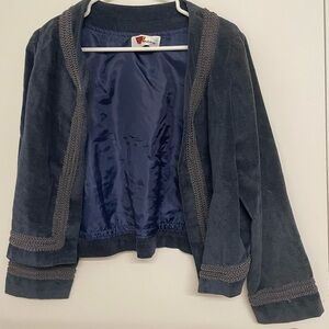 Blue Velvet Open Jacket with Embroidered Trim